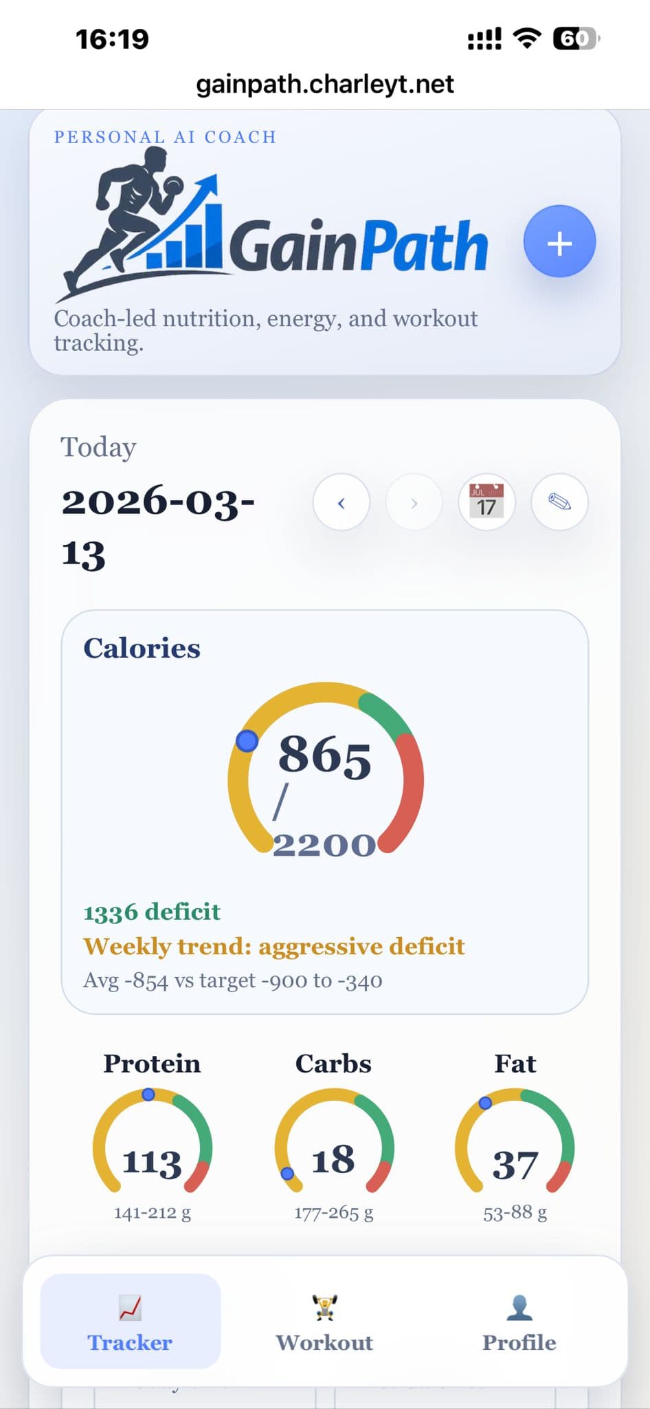 GainPath dashboard showing daily calorie and macro gauges.